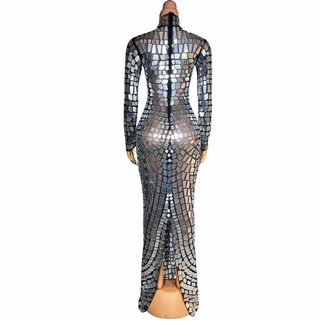 Sexy Stage Silver specchi maniche lunghe vestito compleanno celebrare nero trasparente paillettes vestito Prom Party servizio fotografico vestito