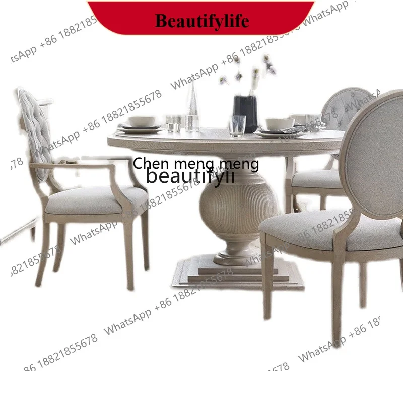 

z183 American solid wood round dining table and chair combination French retro old restaurant light luxury dining table