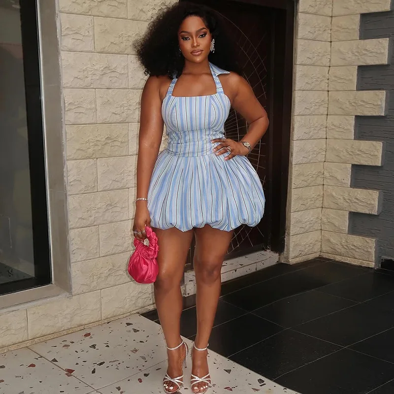 

2025 Summer New Women's Style Square Neck Striped Top High Waist Flower Bud Half Skirt Set