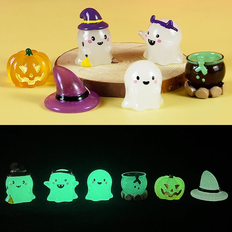 6pcs Halloween Mini Luminous Micro Landscape Miniatures Ghost Pumpkin Bat Witch Ornaments Home Garden DIY Kit Resin Decorations