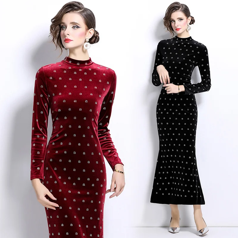 New European and American style heavy industry rhinestone velvet dress dresses for women 2024