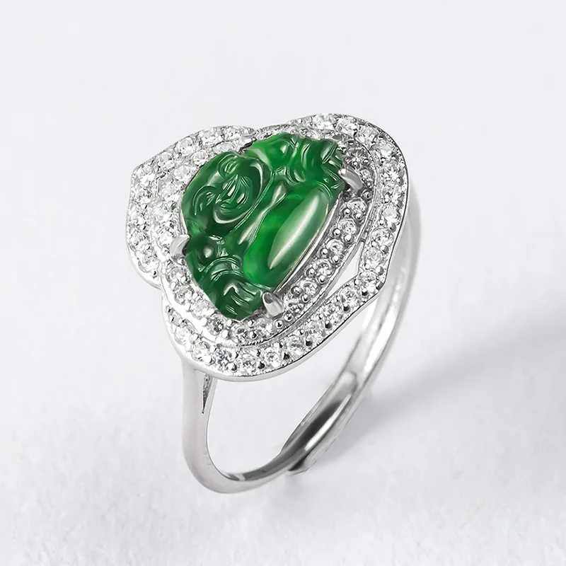 

Pure 925 Sterling Silver Ring For Women Inlay Natural Jadeite Green Buddha Ice Special Jade Rings US Size 5-9 Jewelry Gift