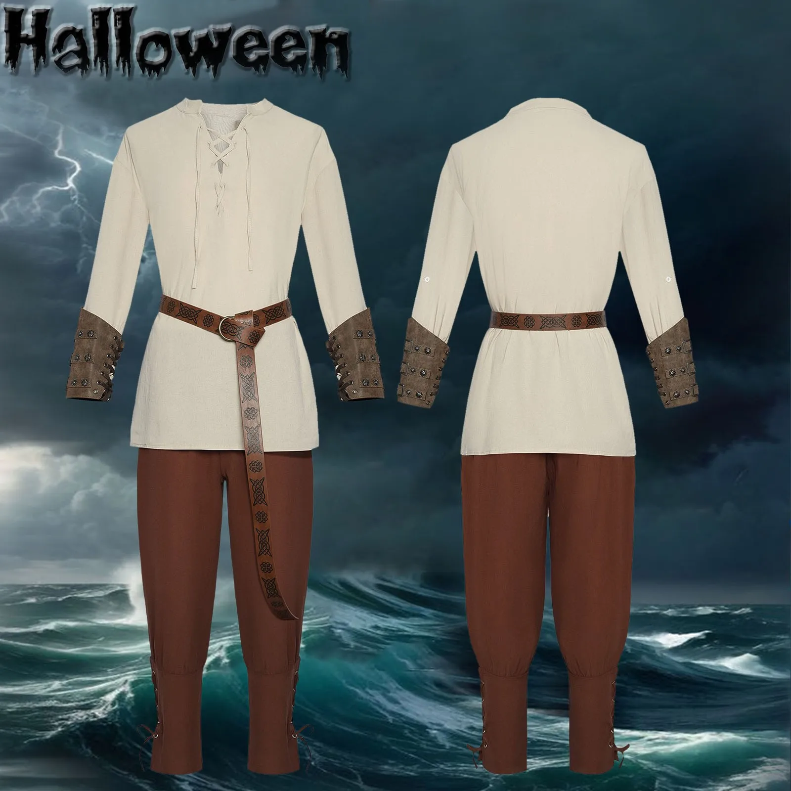 

Halloween Cosplay Sets Men's Renaissance Costume Set Ankle Banded Pants Viking Belt Accessories Medieval Pirate Cosplay Costume