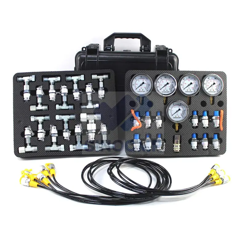 

1Set Hydraulic Pressure Test Kit with 5 Gauges 5 Test Hoses 13 Couplings and 14 Tee Connectors Hydraulic Test Gauge Kit