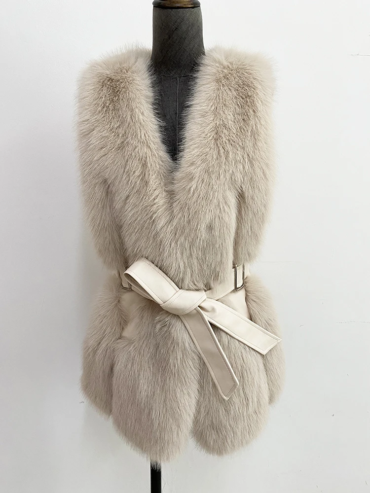 ZADORIN elegante scollo a v Splicing con cintura pelosa calda gilet di pelliccia sintetica donna senza maniche lungo bianco cappotto di pelliccia sintetica vestiti invernali da donna