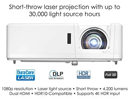 R Optoma GT1090HDR Short Throw Laser Home Theater Projector 4K HDR 4,200 Lumens Day and Night Short Throw