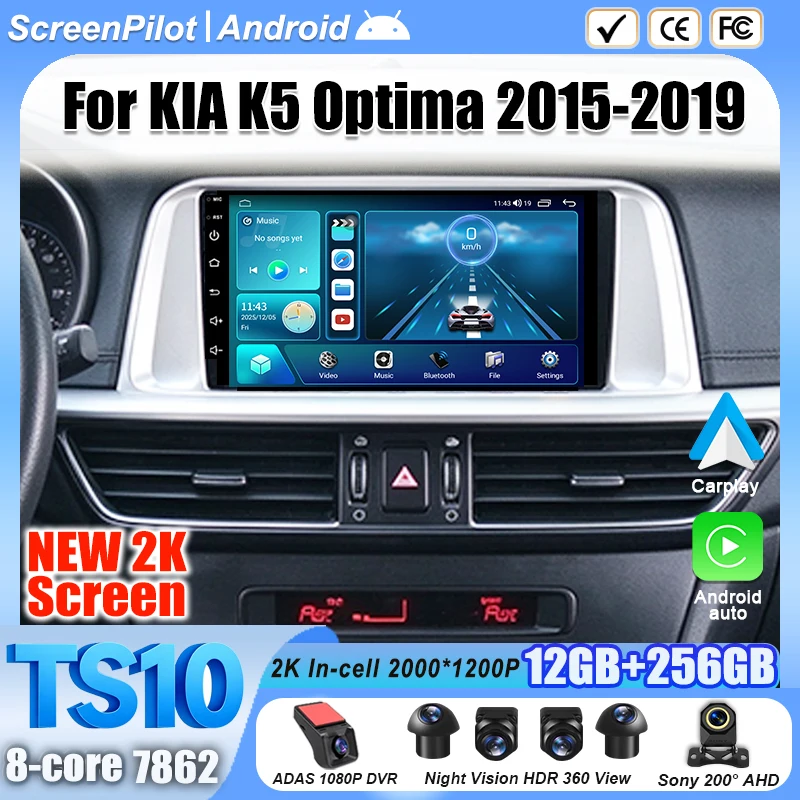 Android 16 For KIA K5 Optima 2015 - 2019 Car Radio Stereo Head Unit Multimedia Video Player GPS Navigation 2K QLED 9 Inch 5G RDS
