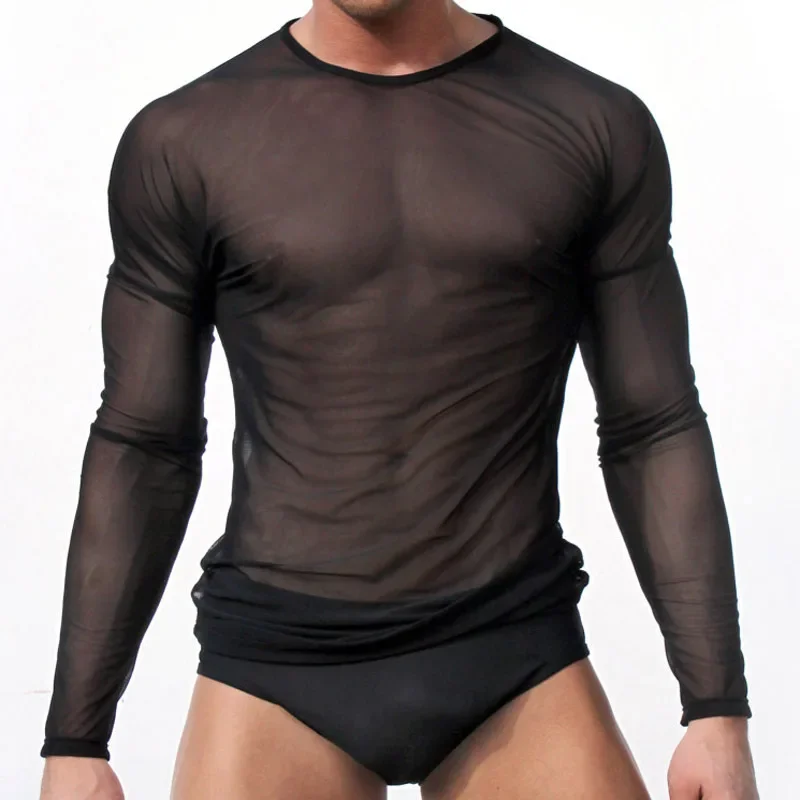 Transparent Sexy Long Sleeve Top Men\'s See-through Mesh Underwear Men\'s  Sexy Pajamas Comfortable Wear