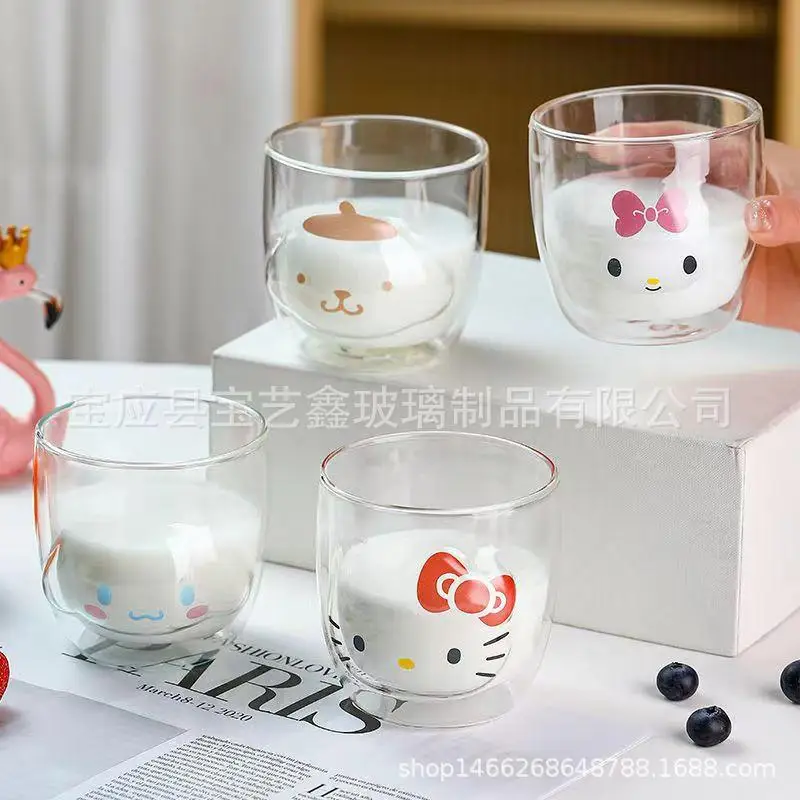 

Anime Cartoon Sanrio Hello Kitty My Melody Cinnamoroll Double-Layer Transparent Glass Fashion New Breakfast Milk Cup Coffee Cup
