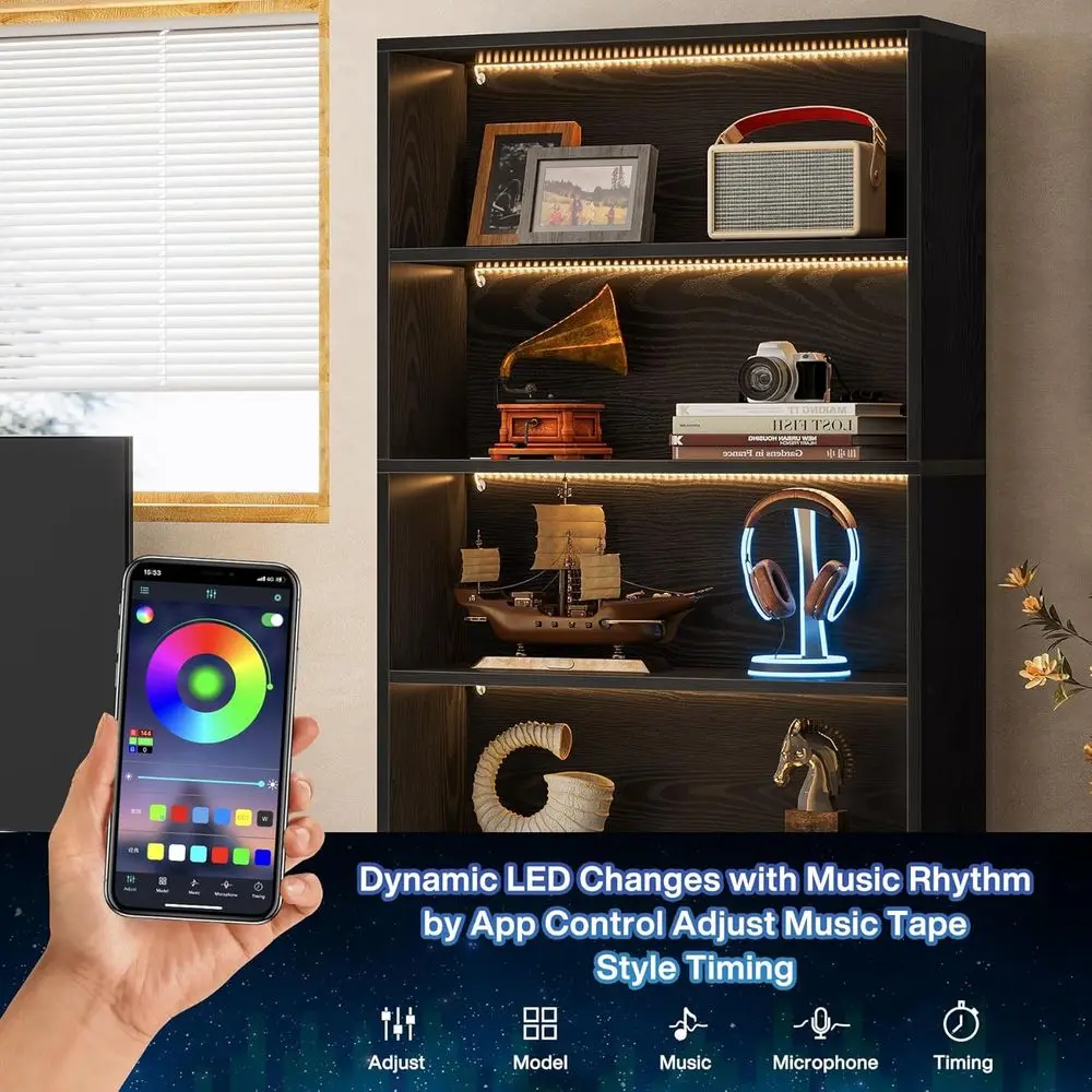 70.8 Black Tall Bookshelf with LED Lights, 5-Tier Heavy Duty Storage for Home