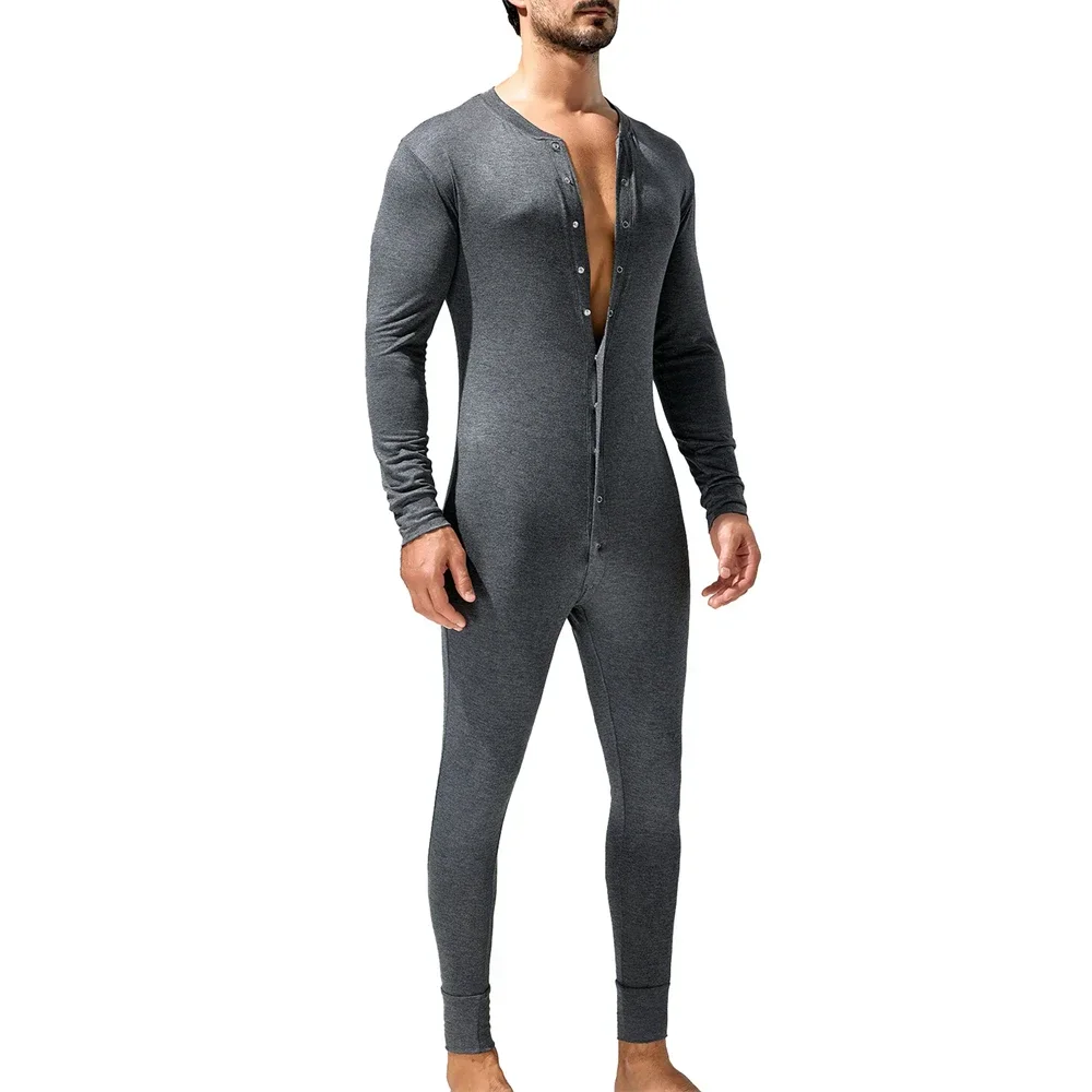 Men Casual Solid Color Bodysuit Long Sleeve Jumpsuit One-pieces Pajamas Button-up Onesies Homewear Comfortable Rompers Sleepwear