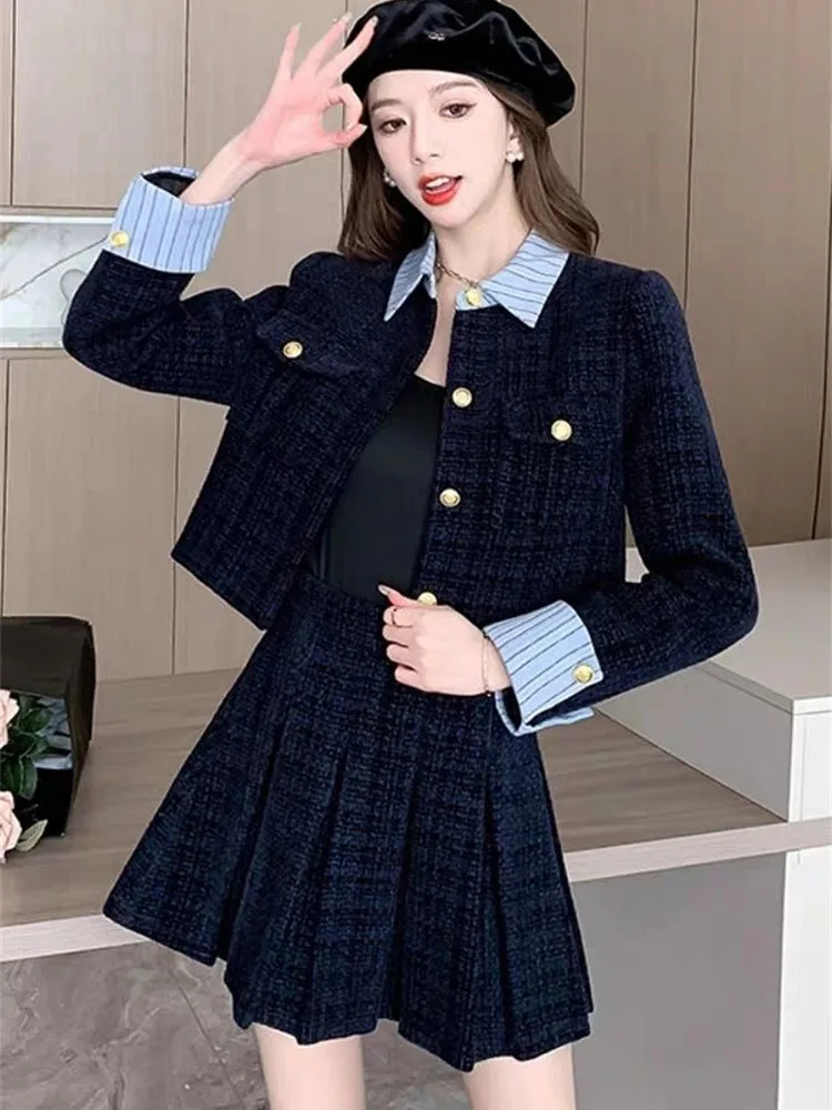 2024 Spring Autumn New Korean Version Temperament Small Fragrance Short Coat Ladies Slim High Waist Pleated Skirt 2 Piece Set