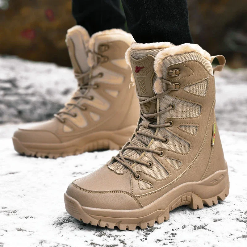 Men\'s Outdoor Casual Hiking Boots Fashion Winter Non-slip Plush Snow Boots for Men Platform Lace Up Male Booties Keep Warm Shoes