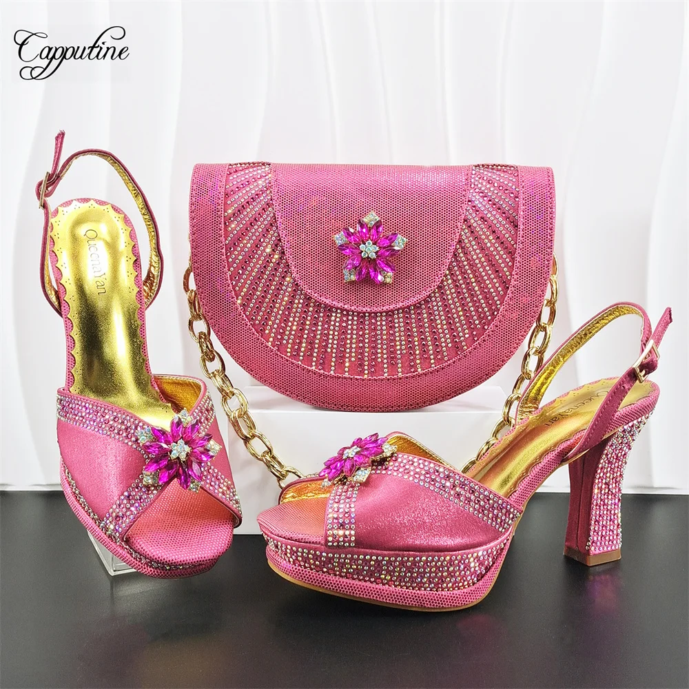 Fuchsia Pink Damen-Schuh- und Taschen-Set, afrikanische Sommer-Damen-Sandalen mit hohen Absätzen, passend zu Handtaschen-Pumps, Femmes Sandales YS-6