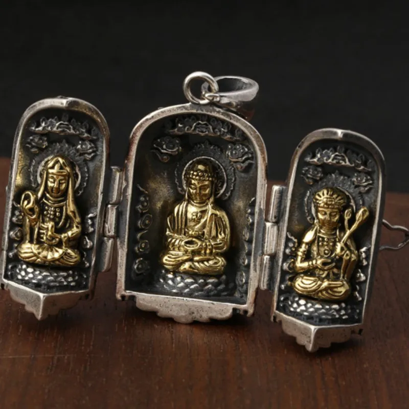 BOCAI S925 Sterling Silver Pendants for Women Men Three Saints of the West Buddha Avalokitesvara Tathagata Amulet Free Shipping