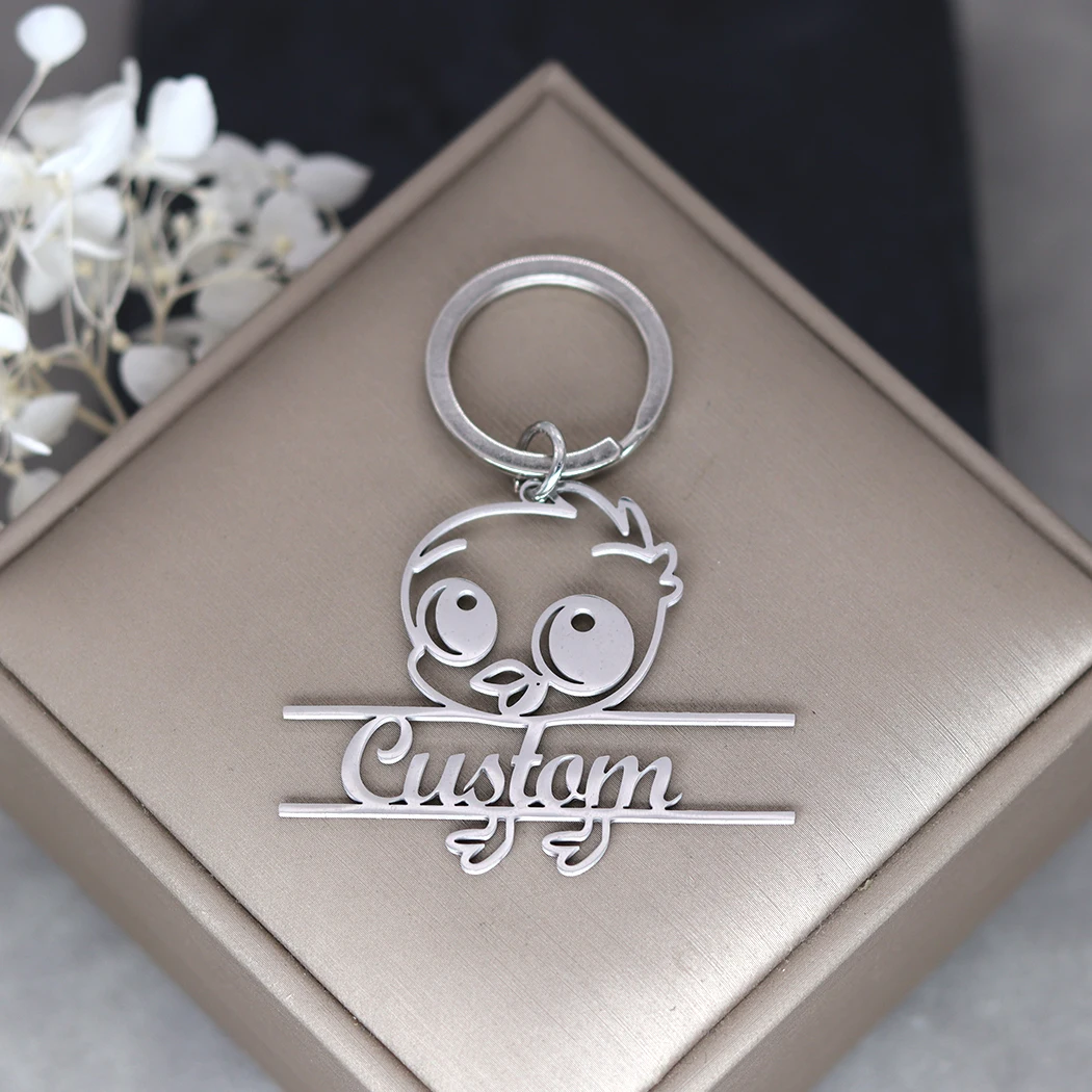 QIMING Engrave Name Cute Duck Keychain Stainless Steel Charm Keyring Cartoon Jewelry Gift For Men Women