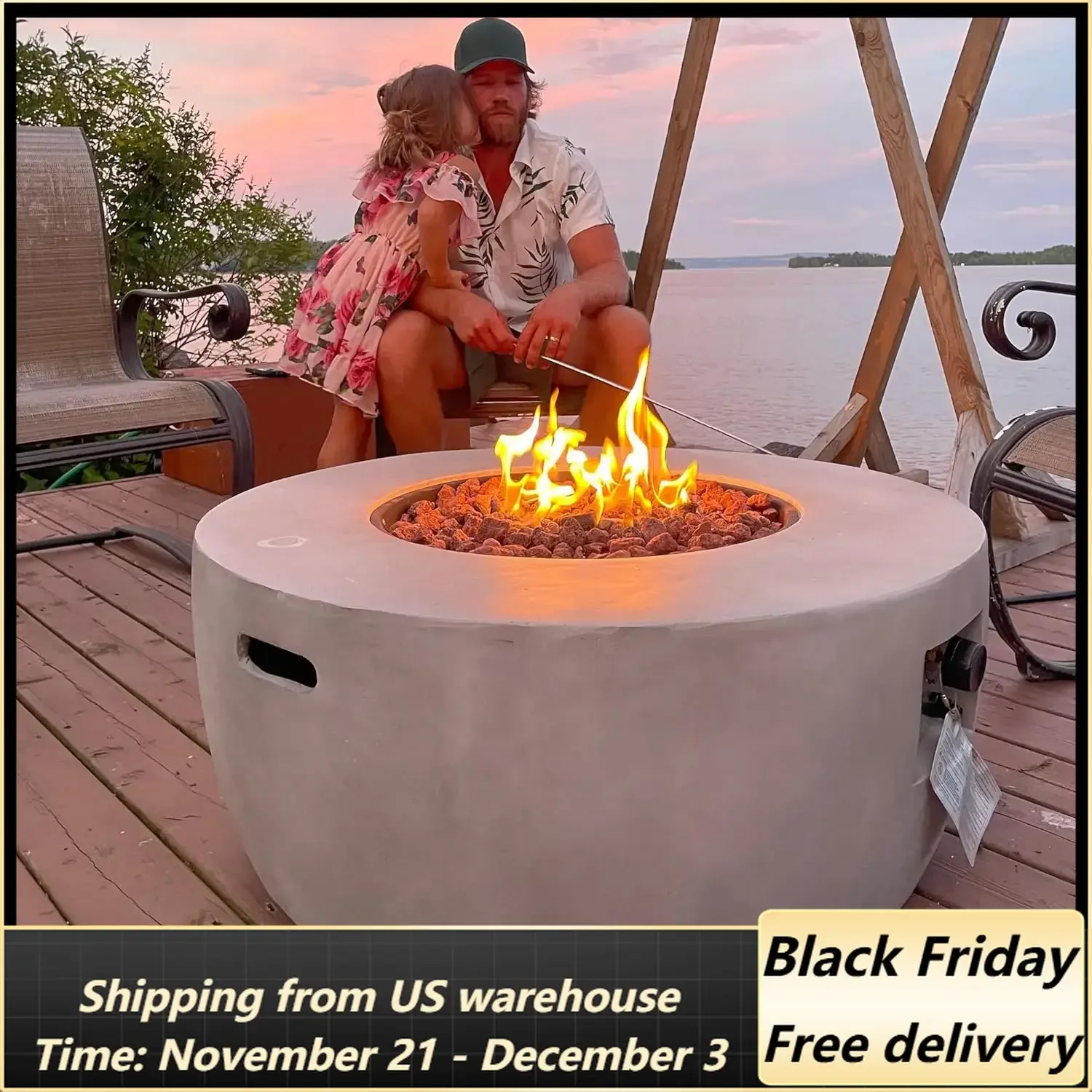 36 in. Outdoor Round Propane Gas Smokeless Fire Pit with Sturdy Faux Concrete Base, Quick Ignition and Gas Regulator