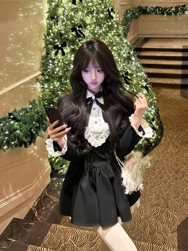 

Зимние французские милые винтажные комплекты платьев, женская мини-накидка + элегантное кружевное платье с длинными рукавами, новые ретро-готические шикарные элегантные наряды