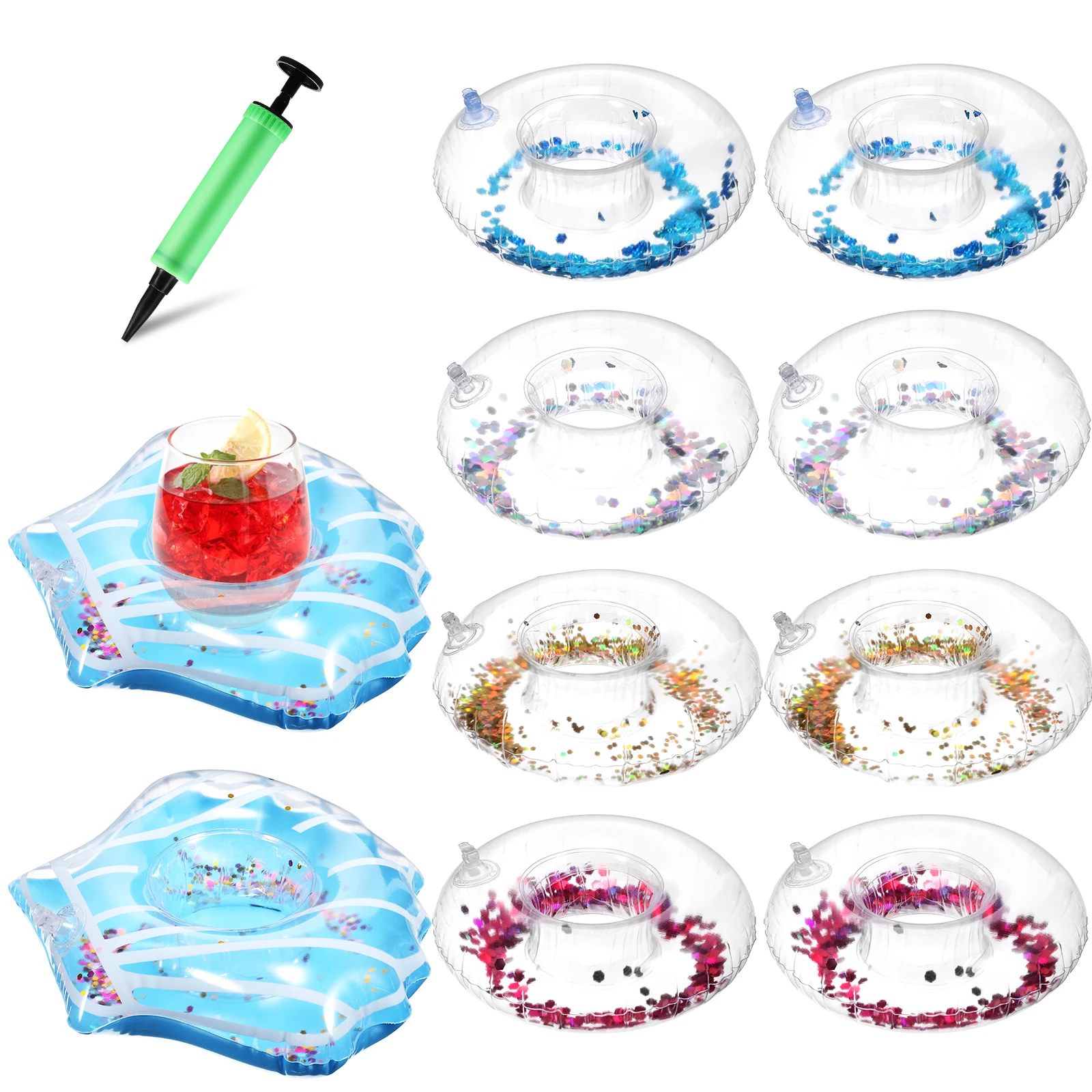 10Pcs Inflatable Drink Holder Glitter Floating Cup Holder Donut Shell Shape Pool Party Floating Coaster Swimming Pool