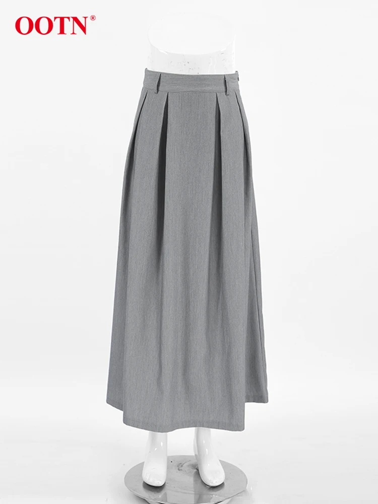 OOTN Elegant Office Lady Long Skirts 2024 Autumn Gray High Waist Pleated A-Line Skirts Fashion Solid Party Midi Skirts For Women