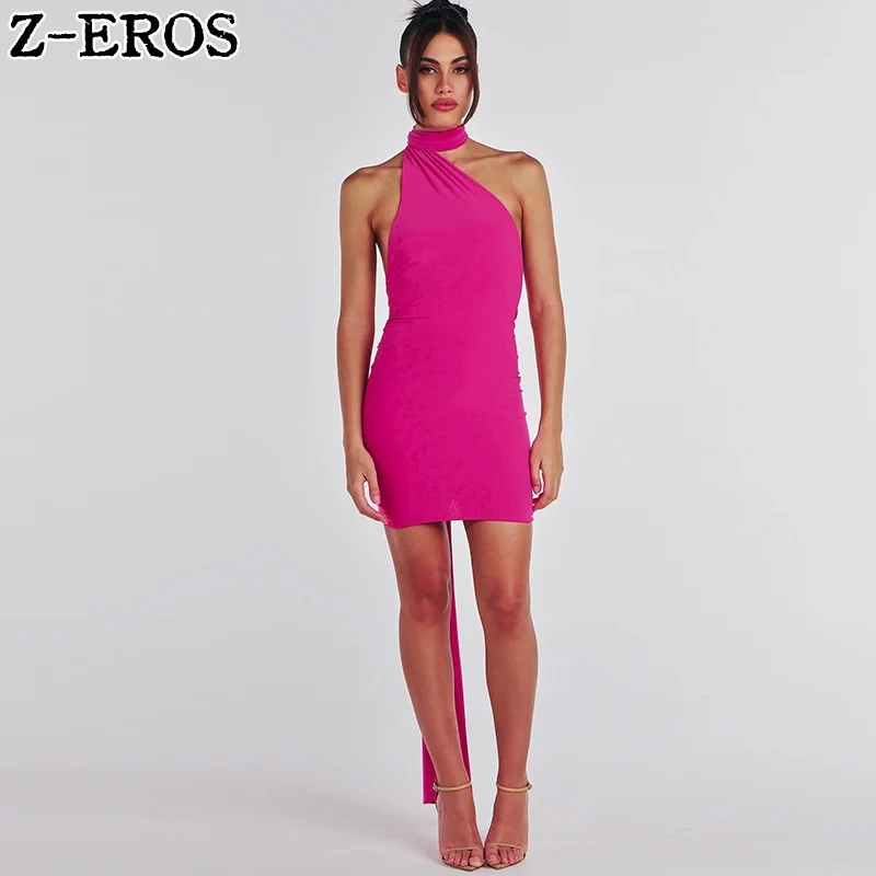 Z-EROS Slanted Shoulder Open Back Pleated Mini Dress Women's Summer Sleeveless Tight Short Evening Dress Women Solid Color Sexy