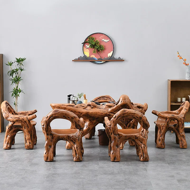 Imitation Wood Root Carved Tea Table and Chair Combination Tea Set, Integrated Balcony Tea Table