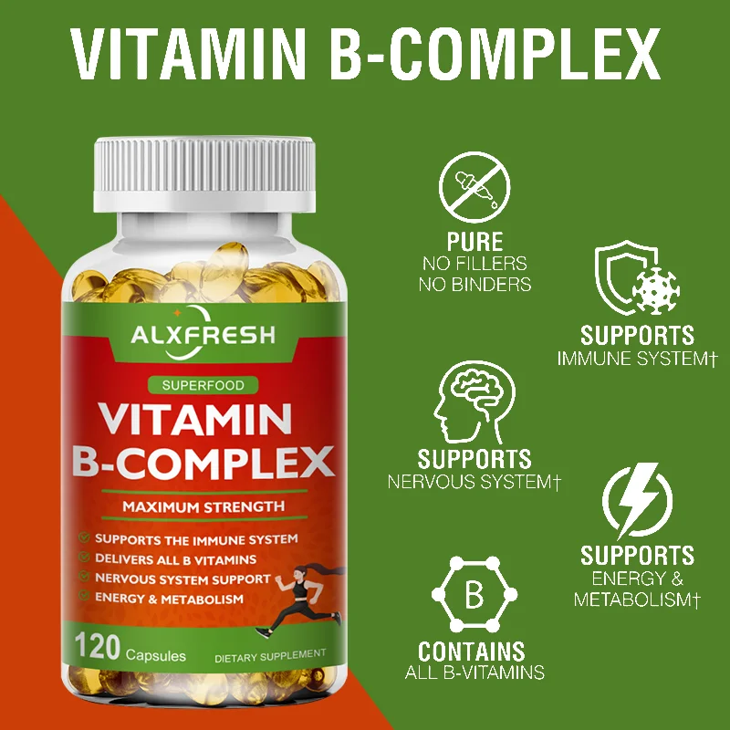 B-Complex Vitamin Supplements (B12 B1 B2 B3 B5 B6 B9 Folic Acid &Biotin) for Relieve Stress, Mood, Immune System Support Capsule