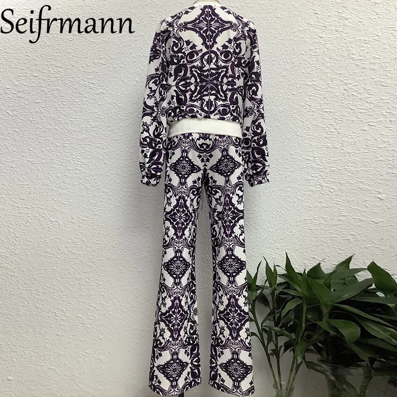 Seifrmann Purple printed round neck long sleeved elastic waisted straight leg pants casual vacation fashionable dress