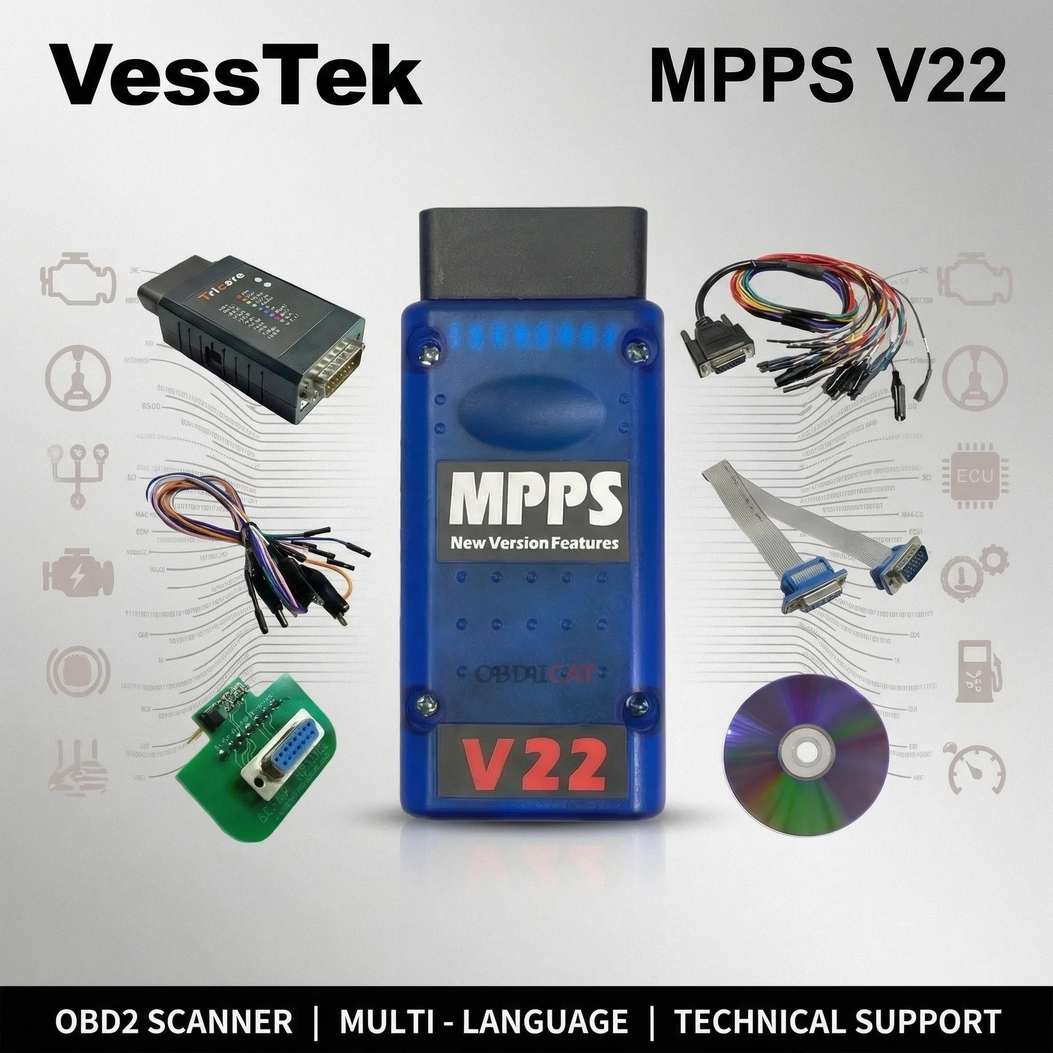 

VessTek MPPS V22.2.3.5 ECU Master MPPS V22 OBDII Chip Tuning Scanner Better Than MPPS V18/V21 Support Multi-Language CAN Flasher