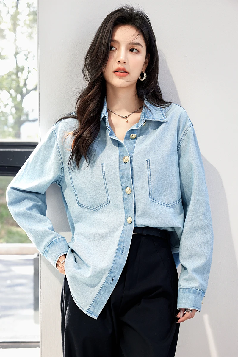 Light Blue Slim Thin Cotton Denim Shirts For Woman 2024 Spring Casual Ladies Tops Long Sleeve Jeans Blouses Clothing