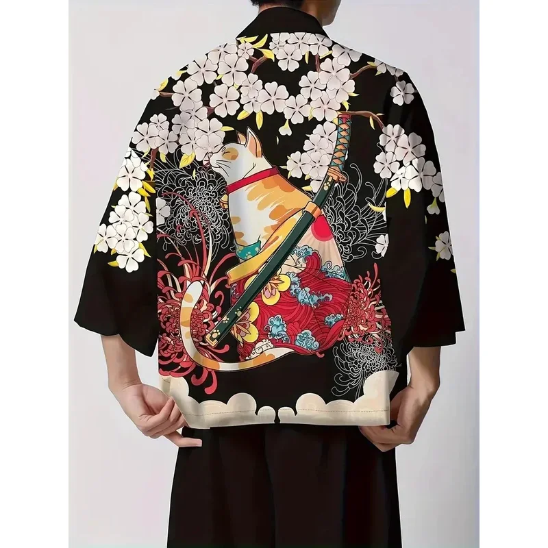 WU01 Flower Cat 3D Graphic Print Men's Spring Summer Shirt, Japanese Kimono, Retro Men's Casual Cardigan Top, Creative GiftJk5*！