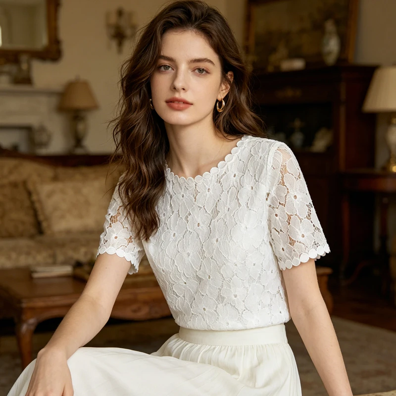 

2026 Summer Casual O-neck Women's Clothing Fashion Hollow Out Blouse Summer Short Sleeve Shirt Elegant White Lace Tops