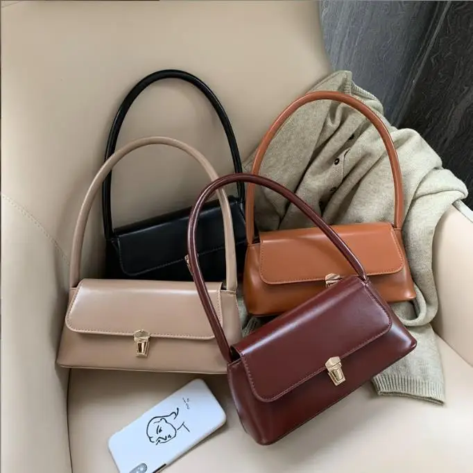 

2026 Fashion Retro Women's Shoulder Bag Simple Solid Colour Handbag Vintage Underarm Bag Drop Shipping
