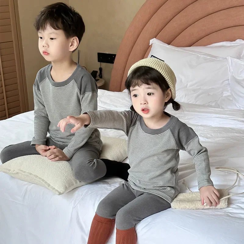 Kids Clothes Set Autumn Cotton Thermal Underwear Tops+Pants 2-Piece Set Boys Winter Sleepwear Cartoon Print Girls Pajama Suit