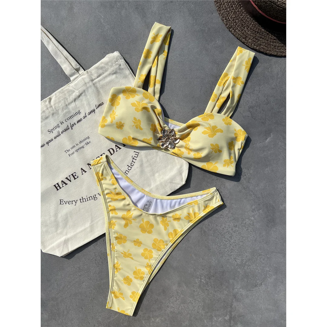 Bedruckter, metallisch glänzender, floraler, hoch geschnittener Bikini, Damen-Badeanzug, zweiteiliges Bikini-Set, Damen-Badebekleidung, Badeanzug, Badebekleidung, Schwimmbekleidung V6427 – Detail 3