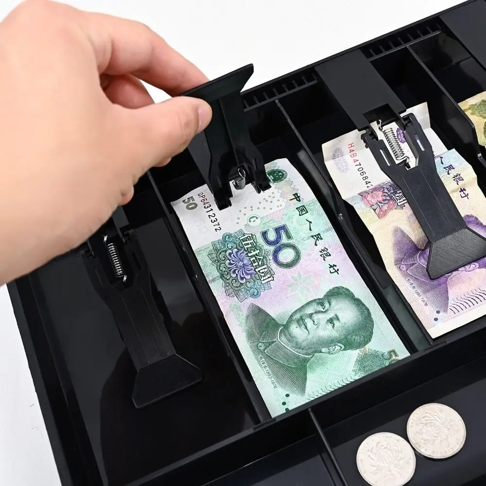 5 Grids Money Cash Register Insert Tray Rectangle Black Cashier Drawer with Spring Plastic 5 Grids Money Tray Market