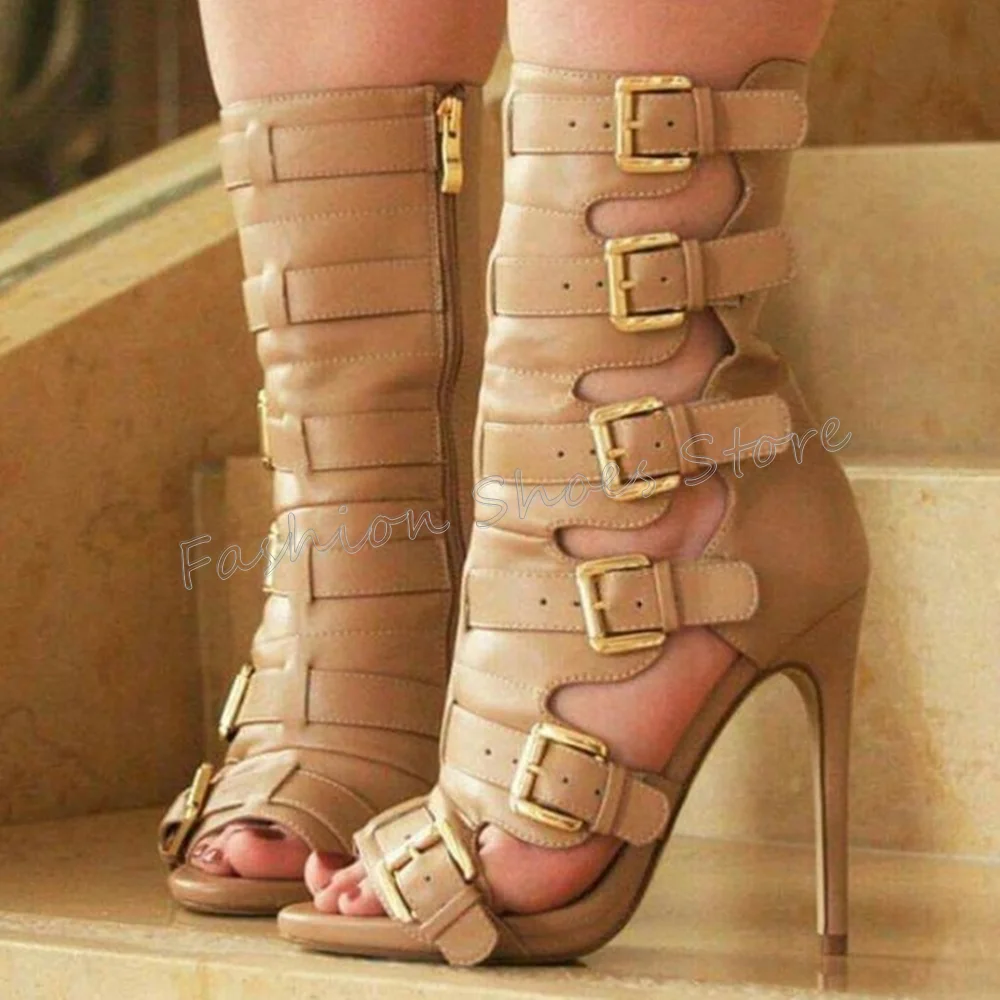 

Brown Side Zipper Buckle Decor Boots Open Toe Stilettos High Heels High Heel Shoes for Women Heels 2025 New Zapatos Para Mujere