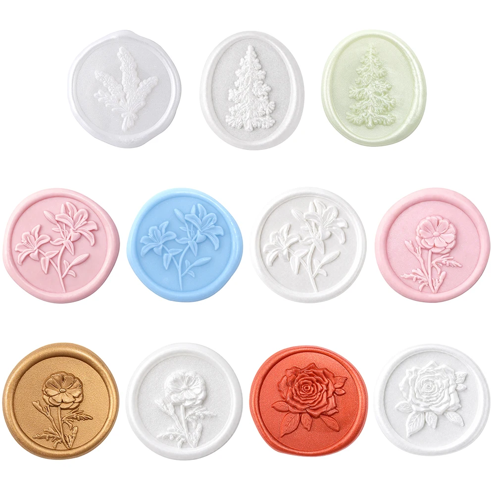 25Pcs Round/Oval Embossed Sealing Wax Sticker Lily Rose Lavender Pine Tree Self-Adhesive Stickers for Envelope Gift Wrap Decor