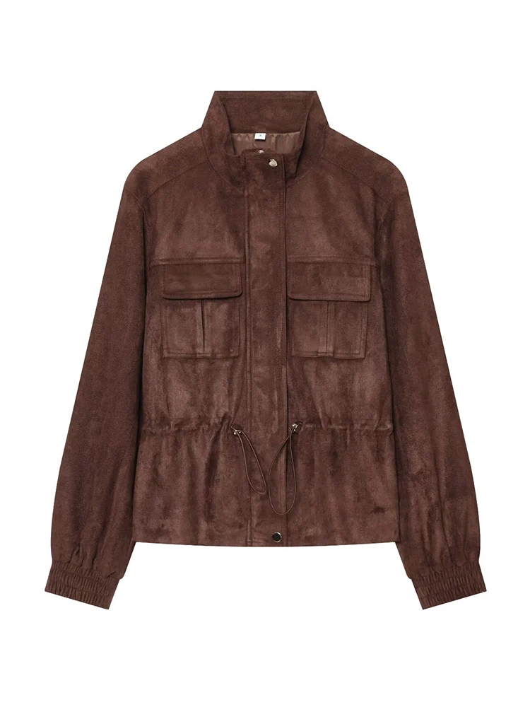 HH American Retro Brown Faux Suede Stand Collar Zip Up Chest Flap Pockets Drawstring Waist Utility Jacket Women Fall Outerwear