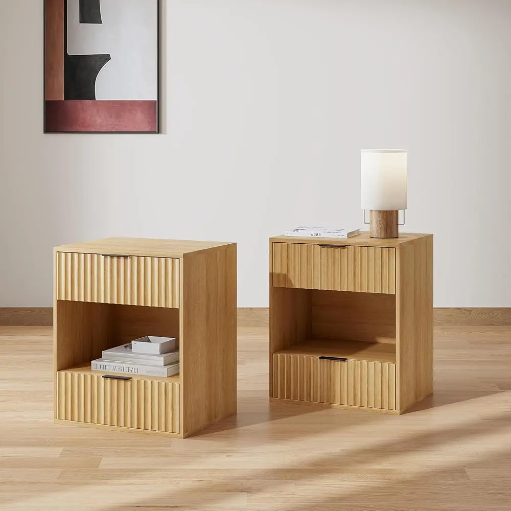 

Fluted End Side Table Set Of 2 With 2 Drawers, Modern Nightstand With Open Shelf, Large Wood End Table Cabinet With Storage For