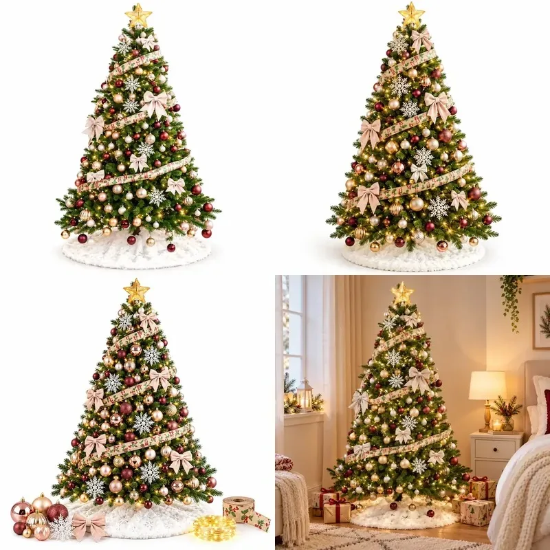 Luxury Christmas tree set with LED lights star decorations ribbon bows suitable for family gatherings and holiday