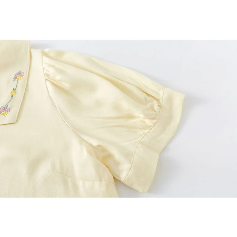 Sweet Yellow Color 100% Viscose Women's  Nightgowns  Embroidery Collar Cardigan  Summer Short Sleeve Sleepwear Home Loose Dress