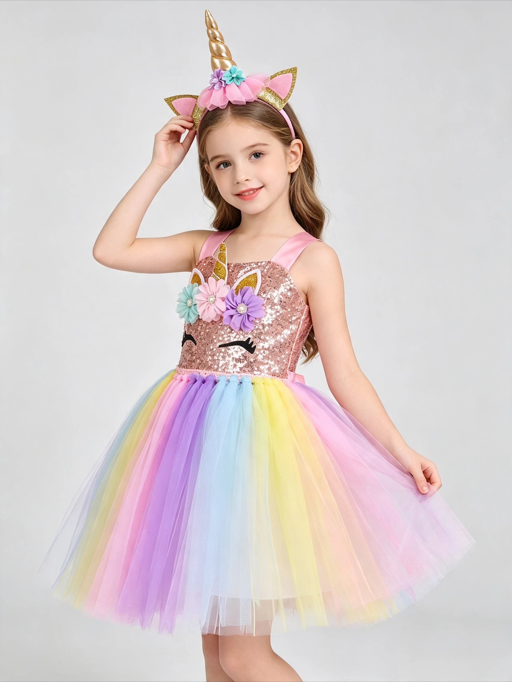 Halloween Pink Colorful Unicorn Tutu Dress Sequin Mesh Outfit Fluffy Layered Tulle Skirt Elegant Stage Performance Fashion Wear