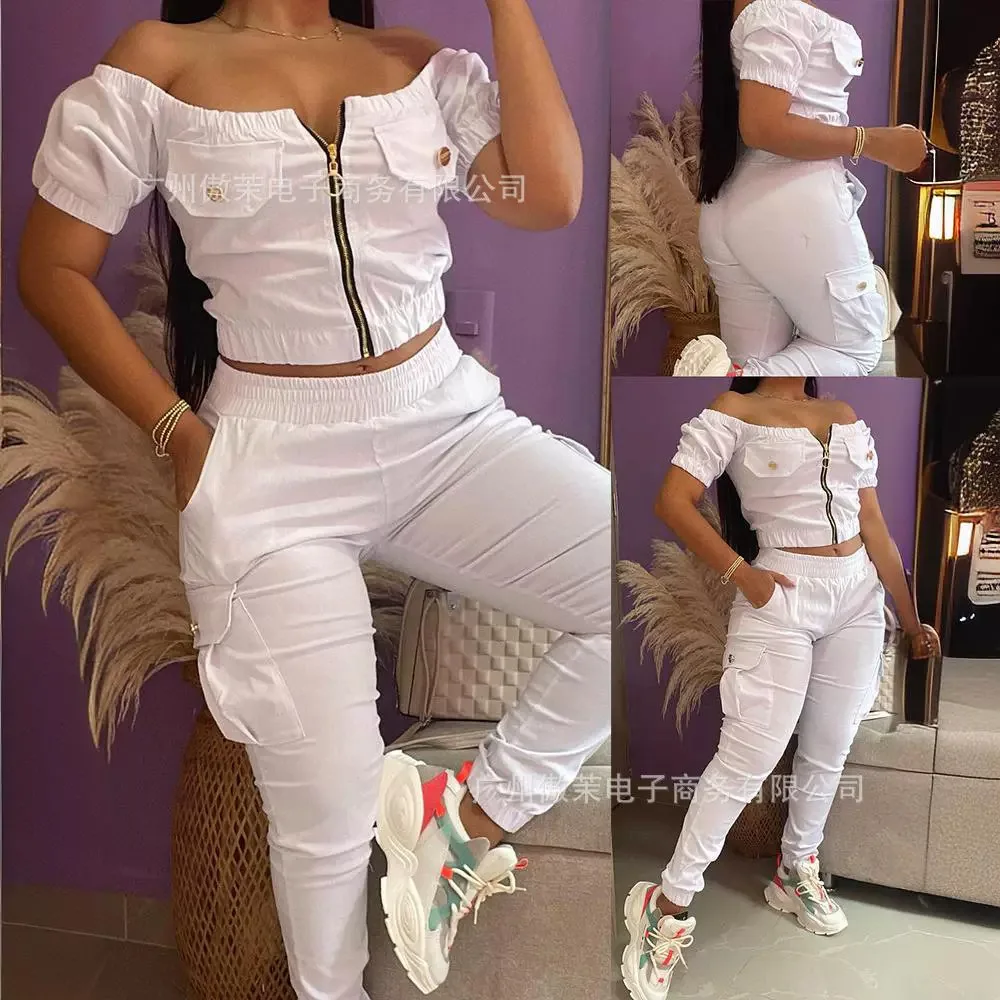 Casual Pants Set Women 2 Piece Summer 2024 Fashion White One Shoulder Short Sleeve Pocket Top and Trousers Suits for Female