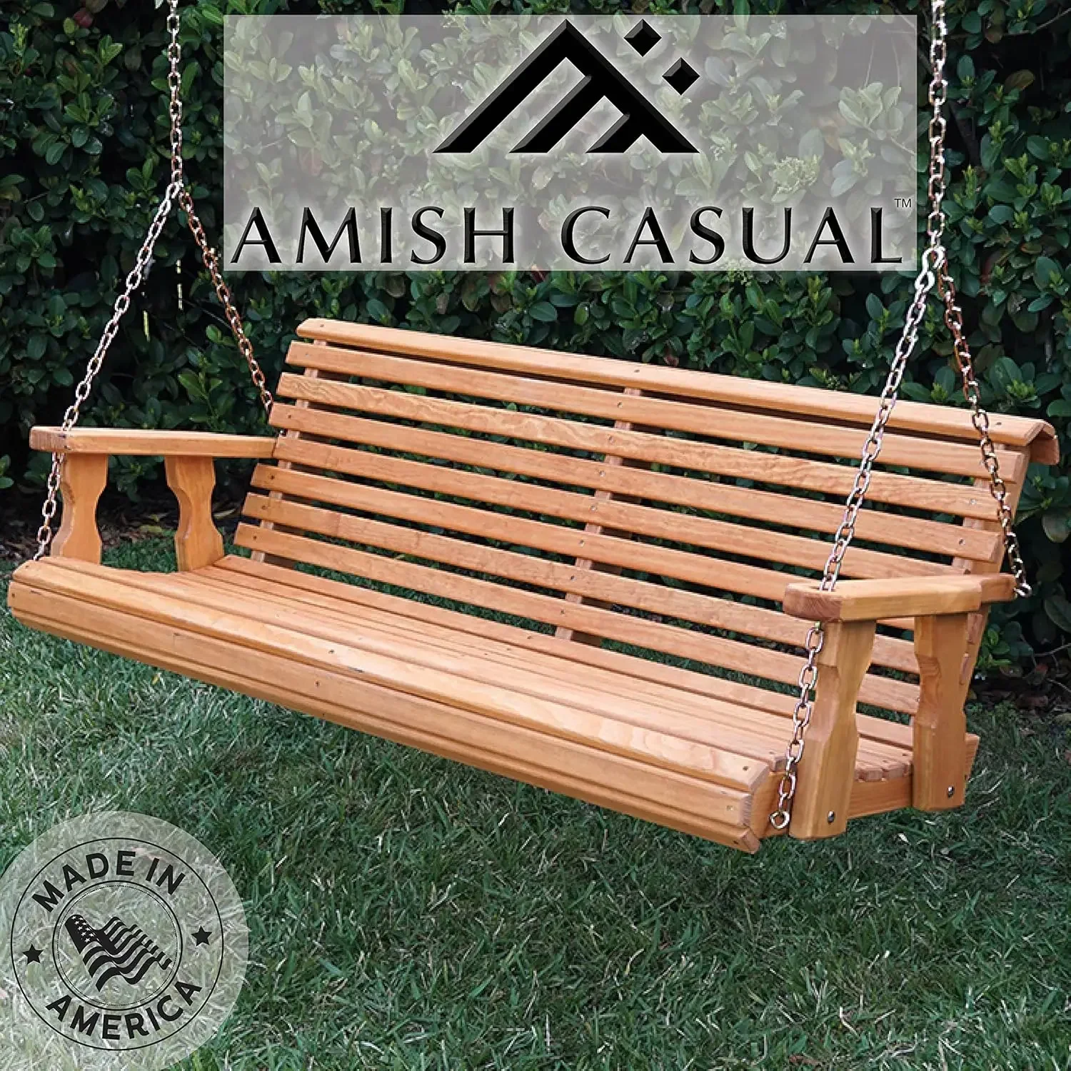 Amish Casual Heavy Duty 700 Lb Roll Back Treated Porch Swing with Hanging Chains (5 Foot, Cedar Stain)