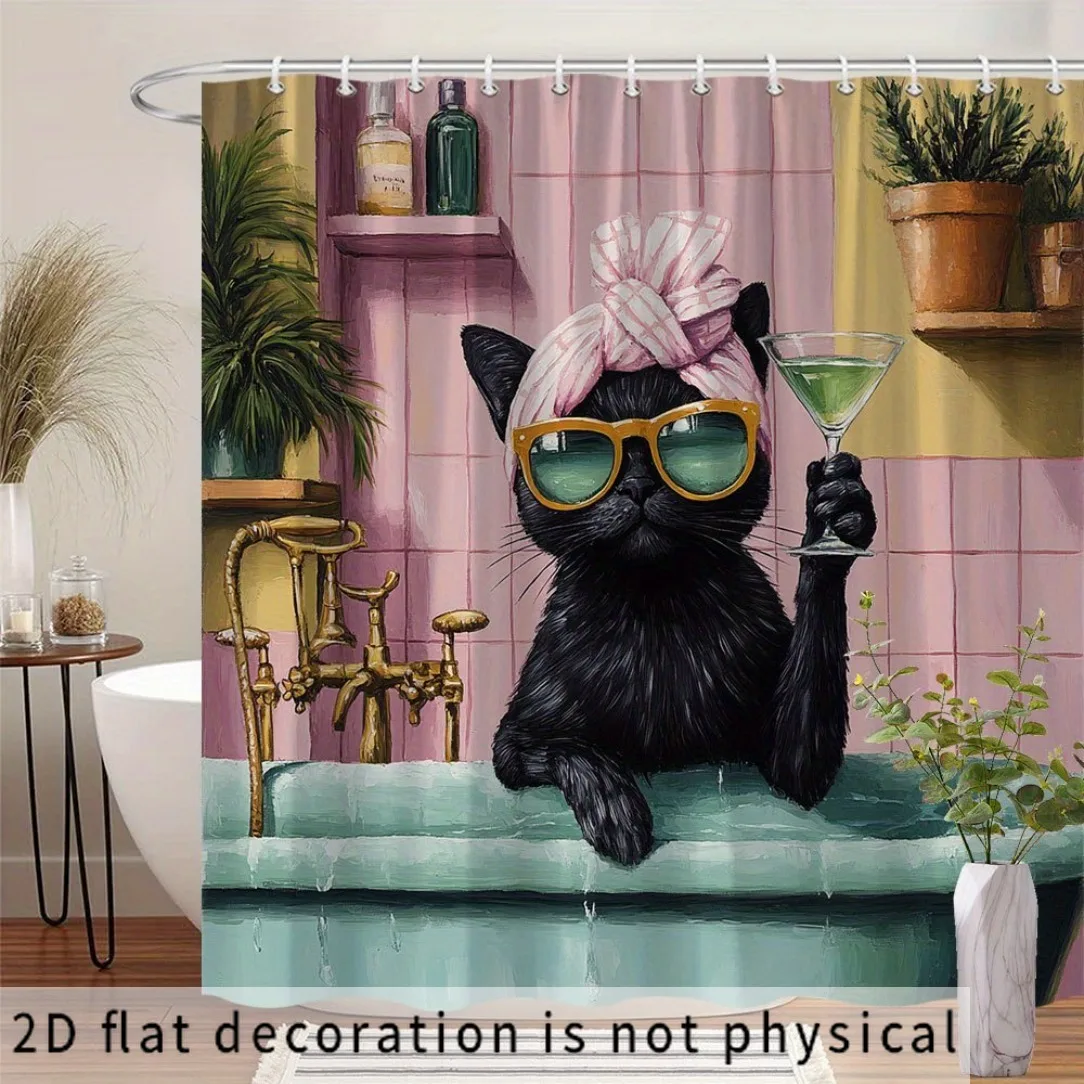 Funny Black Cat Shower Curtain, Spa Day Sunglasses Towel Print Waterproof Bathroom Decor, Cute Pet Lover Home Bath Screen