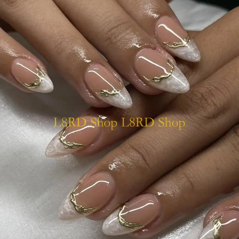 

L8RD 24 Pieces Short Almond Press On Glossy White French Tips with Gold Line Decoration Artificial