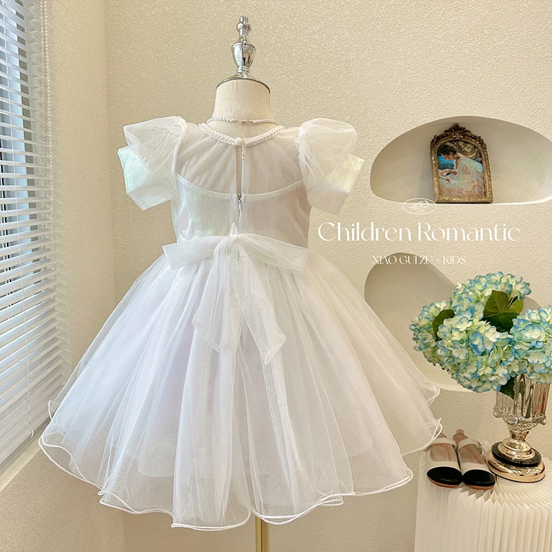 Vestidos de Fiesta blancos de verano para niña, vestidos de baile de rendimiento de boda con flores, volantes de cuentas, vestido de princesa de tul con lazo