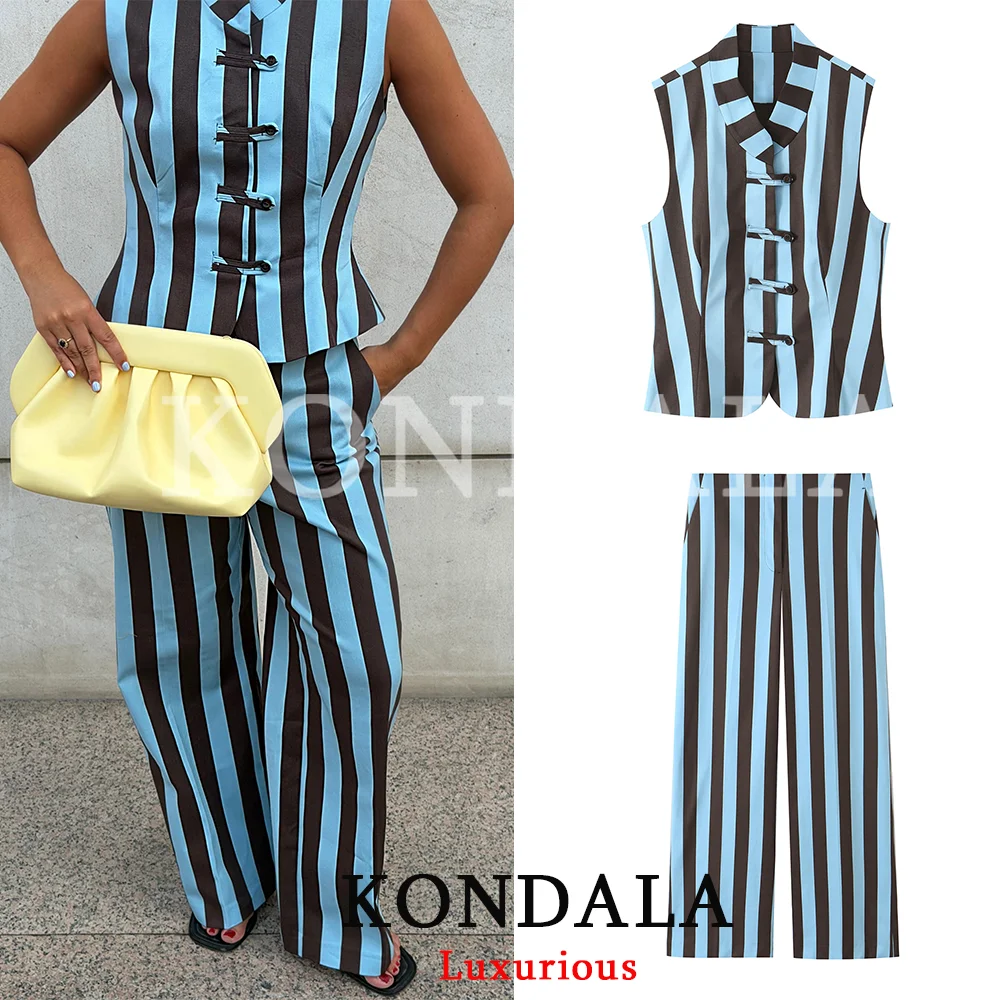 KONDALA Casual Chic Women Striped Suit Single Breasted Sleeveless Blouse Zipper Loose Pants Fashion 2026 Summer Autumn Sets