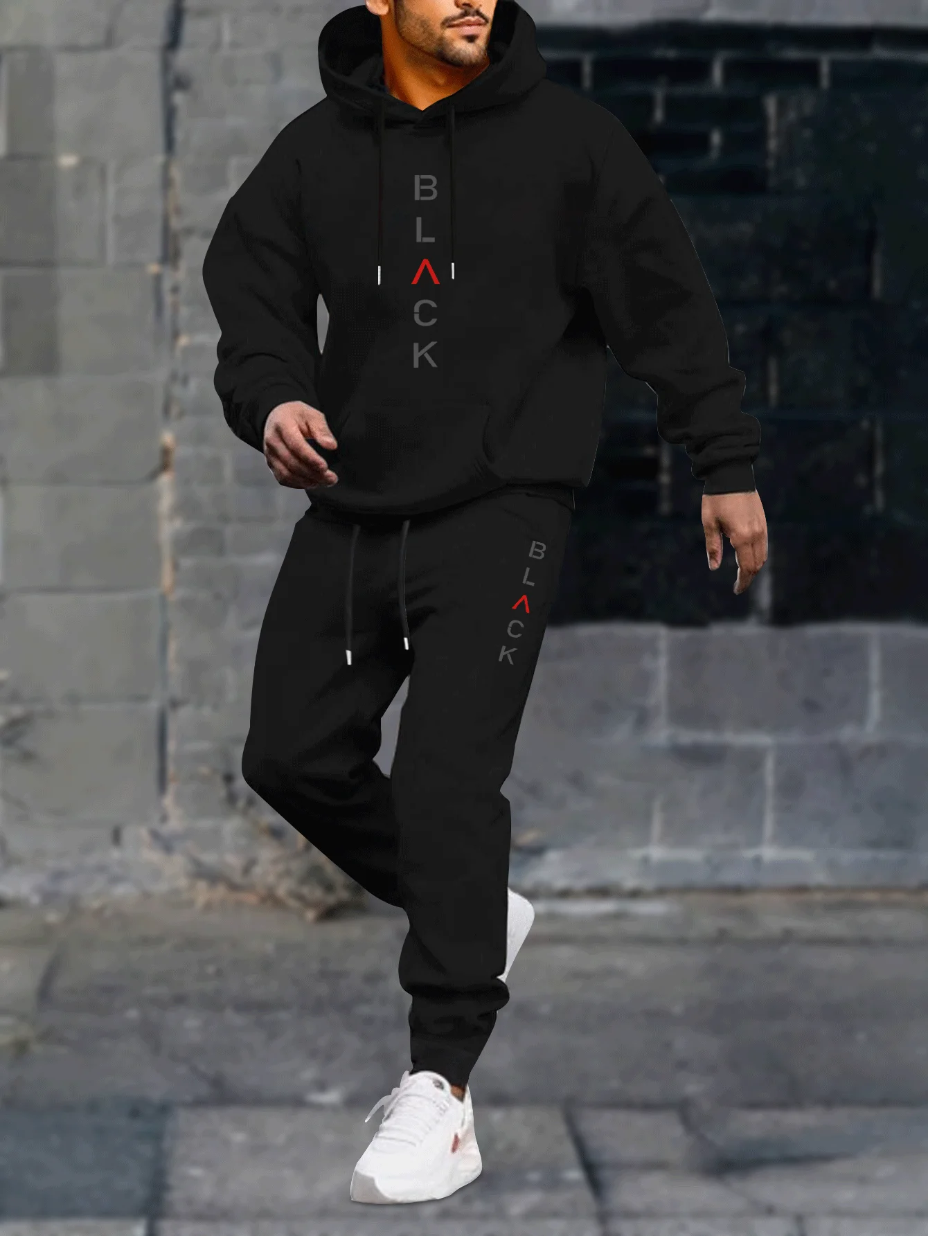 

Черный ретро-принт с буквенным принтом, мужской комплект из двух предметов, повседневная толстовка с капюшоном и длинными рукавами с круглым вырезом и спортивные штаны, подходит для